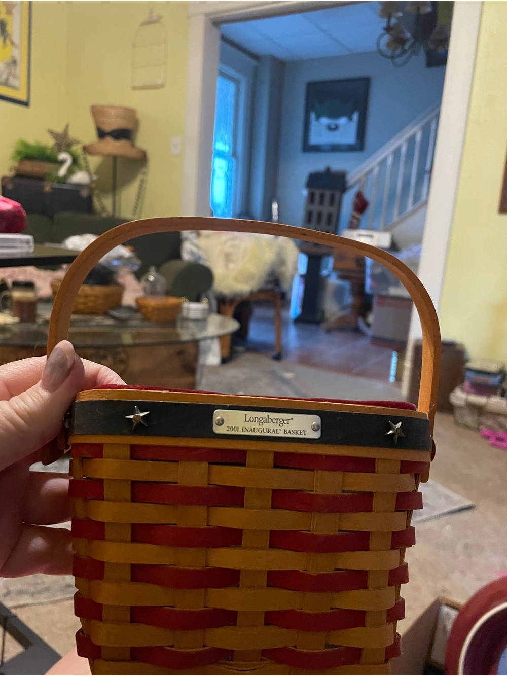 Longaberger Red and Natural Woven Basket with Star Accent inaugural edition set